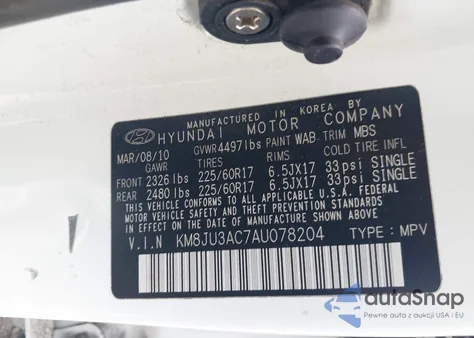 2010 Hyundai Tucson Gls z USA, uszkodzony, nr VIN KM8JU3AC7AU078204